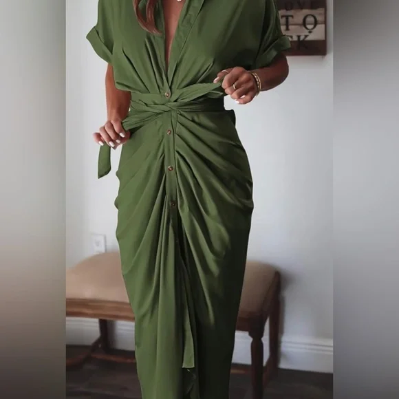 NEW Women Elegant Satin Button Down Short Sleeve Maxi Shirt Dress with Belt - Picture 5 of 9